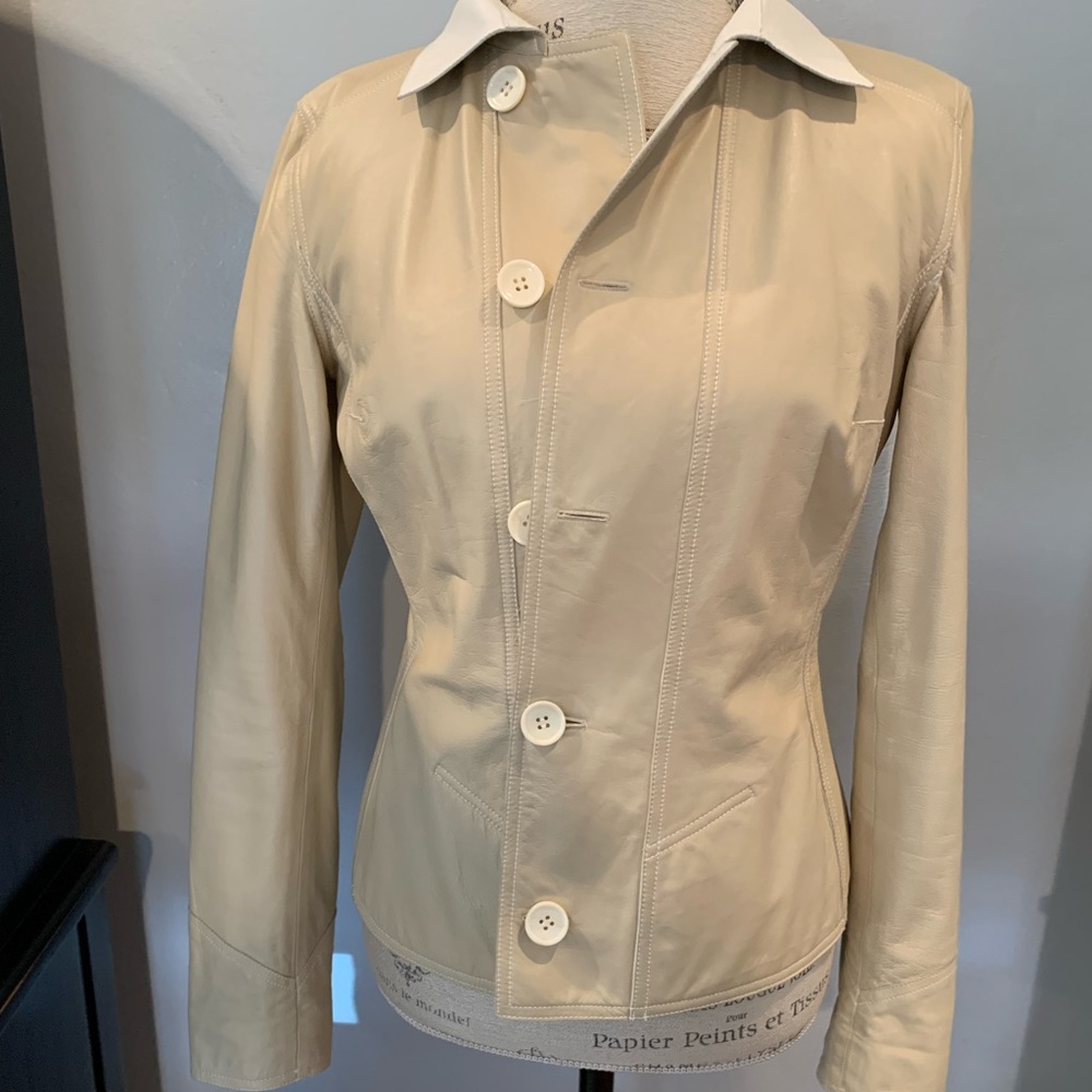 100% Leather Reversible Jacket Size S White Tan Beige